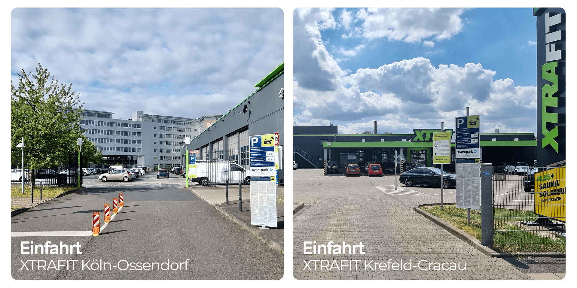 Fotos der Parkplatz-Einfahrten bei den XTRAFIT Fitnessstudios Köln und Krefeld